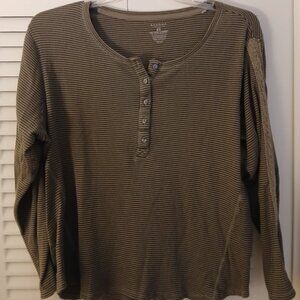 Ladies SONOMA Brand green stripes button down henley long sleeve shirt Size 2X